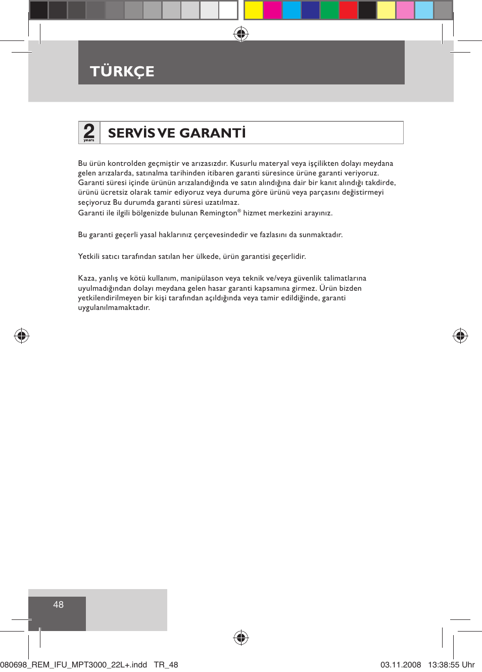 Türkçe, Servis ve garanti | Remington MPT3000 User Manual | Page 50 / 70