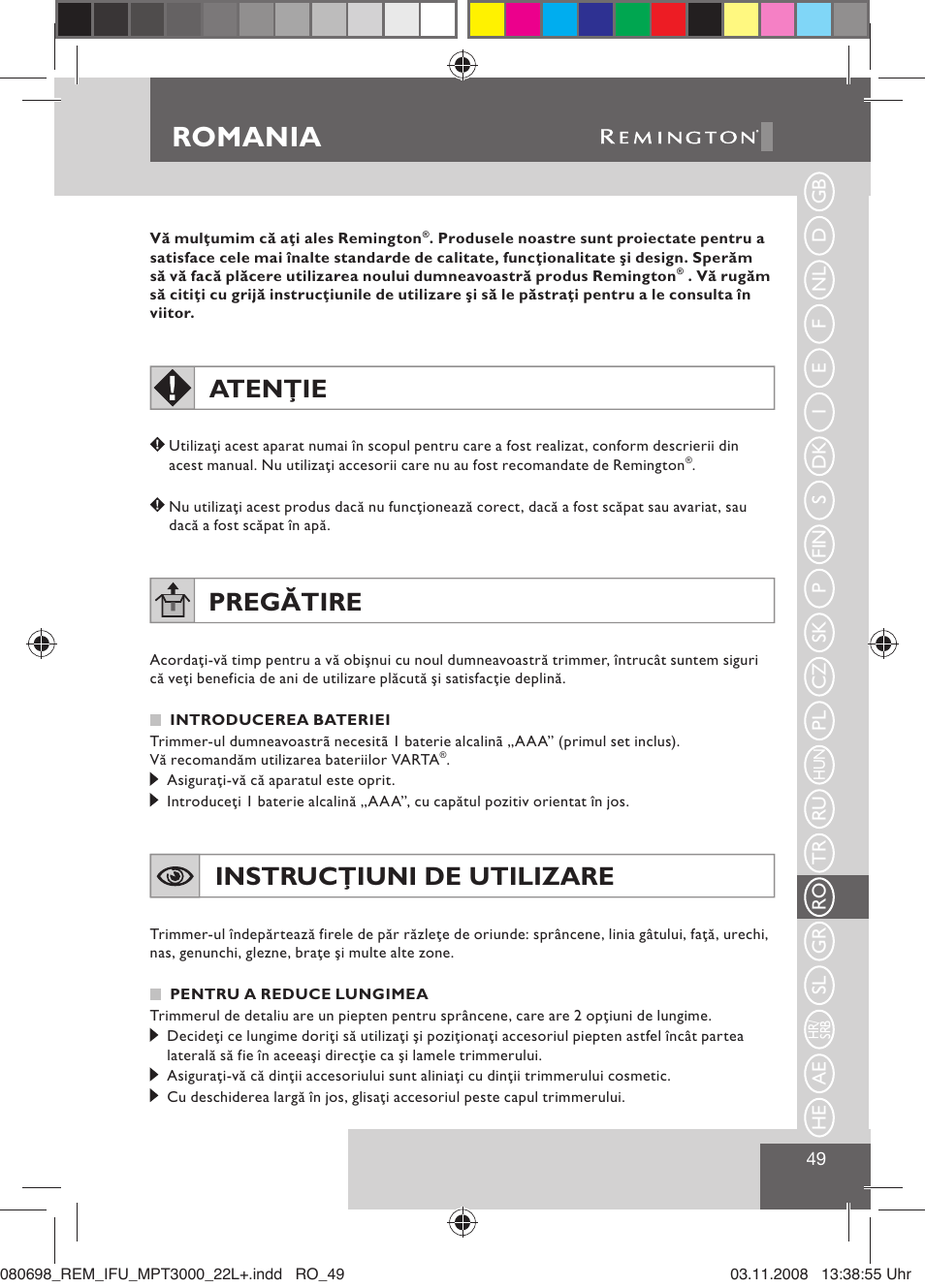 Romania, Atenţie, Pregătire | Instrucţiuni de utilizare | Remington MPT3000 User Manual | Page 51 / 70