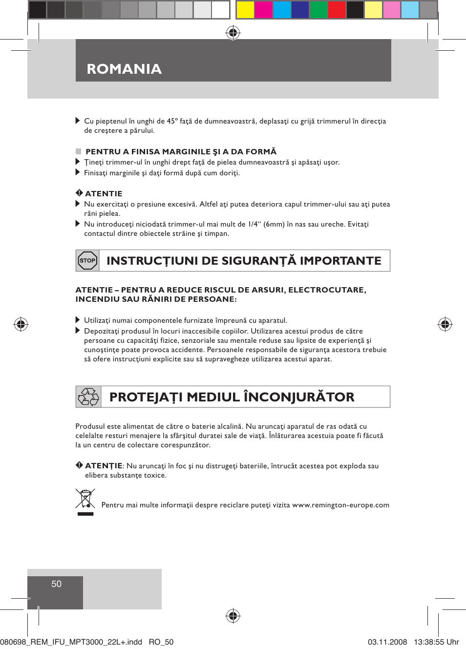 Romania, Protejaţi mediul înconjurător, Instrucţiuni de siguranţă importante | Remington MPT3000 User Manual | Page 52 / 70