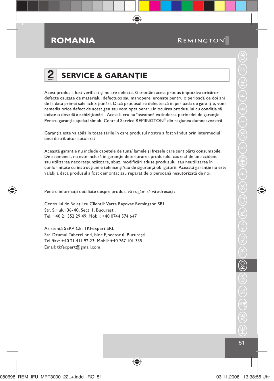 Romania, Service & garanţie | Remington MPT3000 User Manual | Page 53 / 70