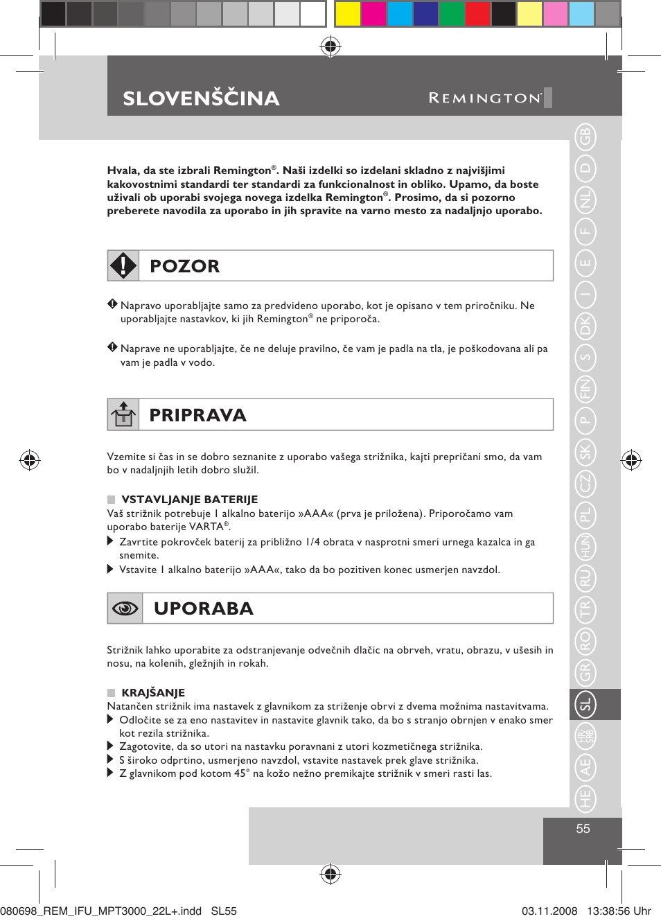 Slovenščina, Pozor, Priprava | Uporaba | Remington MPT3000 User Manual | Page 57 / 70