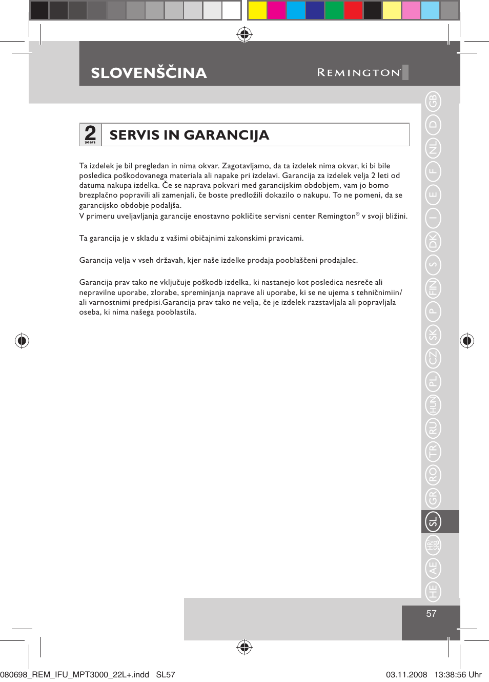 Slovenščina, Servis in garancija | Remington MPT3000 User Manual | Page 59 / 70