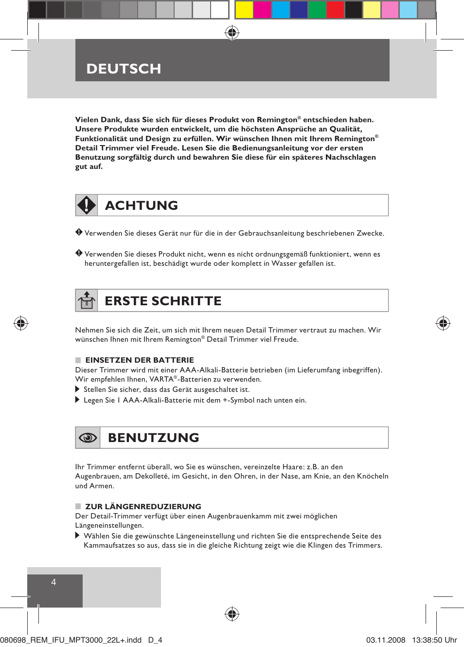 Deutsch, Achtung, Erste schritte | Benutzung | Remington MPT3000 User Manual | Page 6 / 70