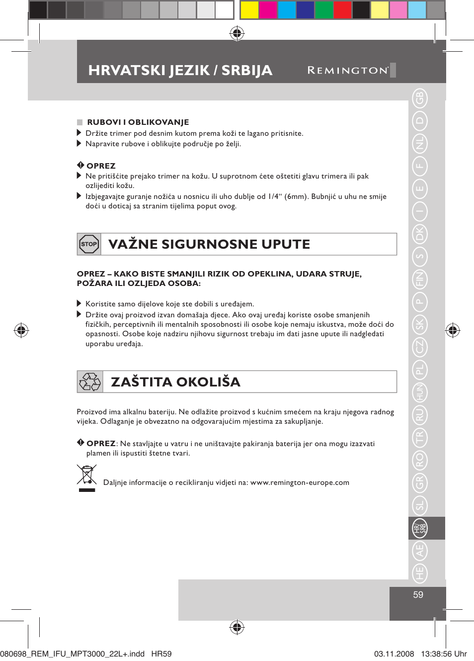 Hrvatski jezik / srbija, Važne sigurnosne upute, Zaštita okoliša | Remington MPT3000 User Manual | Page 61 / 70