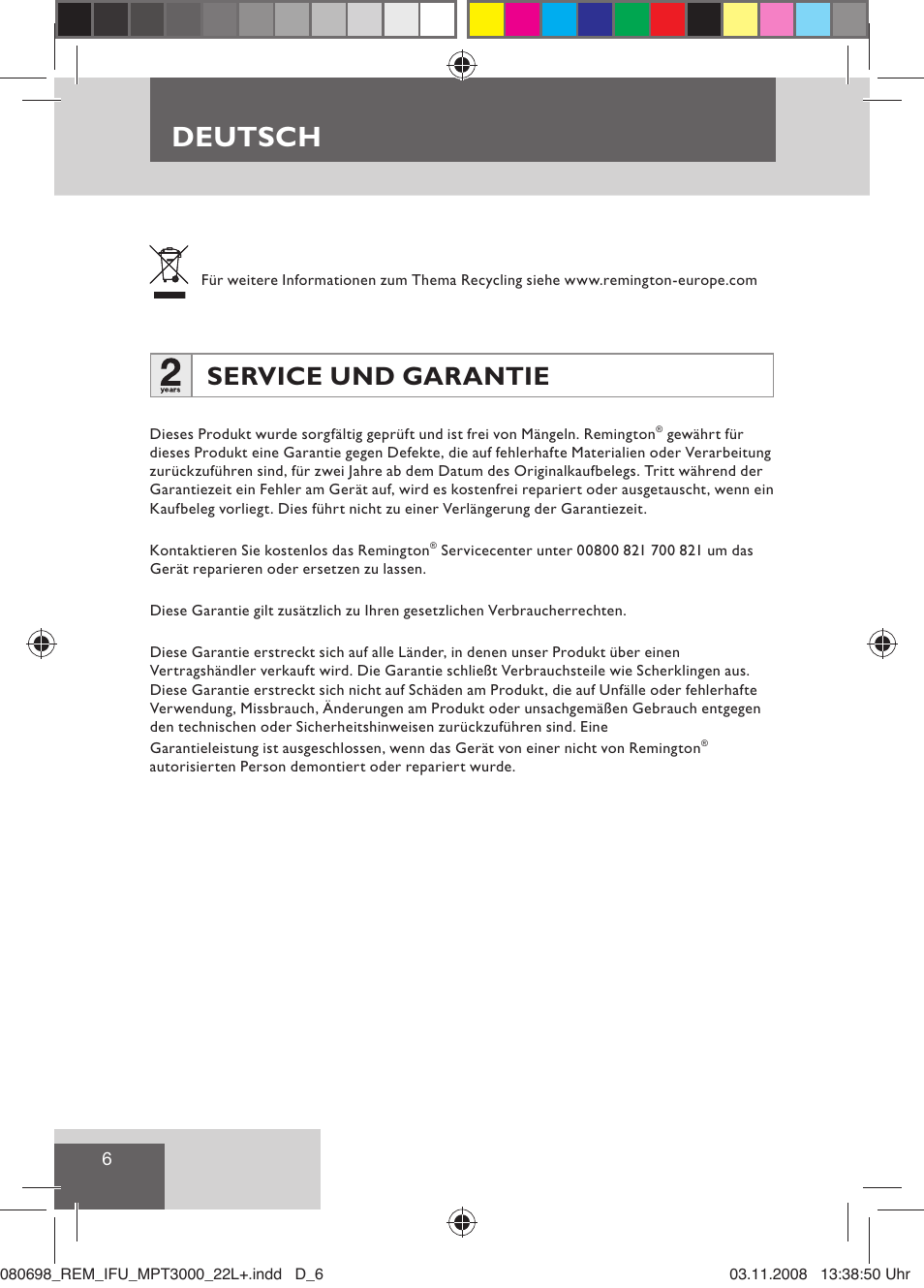 Deutsch, Service und garantie | Remington MPT3000 User Manual | Page 8 / 70