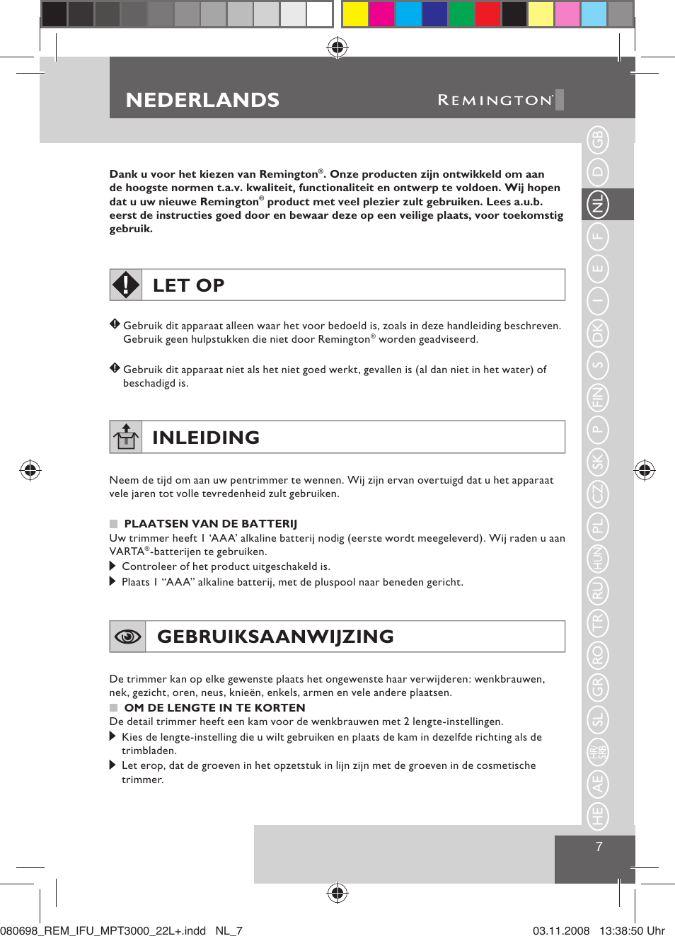 Nederlands, Let op, Inleiding | Gebruiksaanwijzing | Remington MPT3000 User Manual | Page 9 / 70