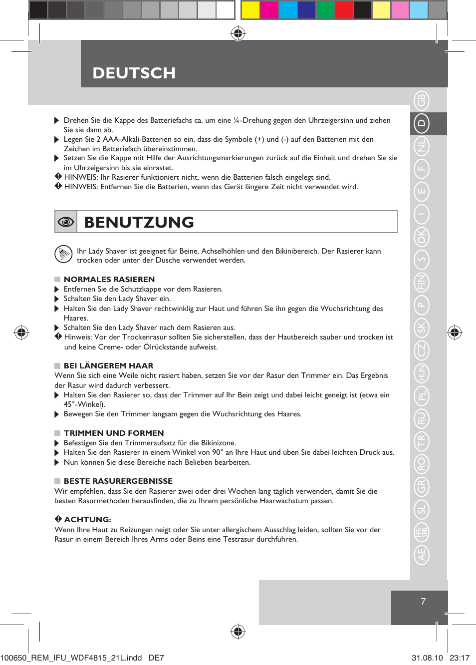 Deutsch, Benutzung | Remington WDF4815C User Manual | Page 10 / 111