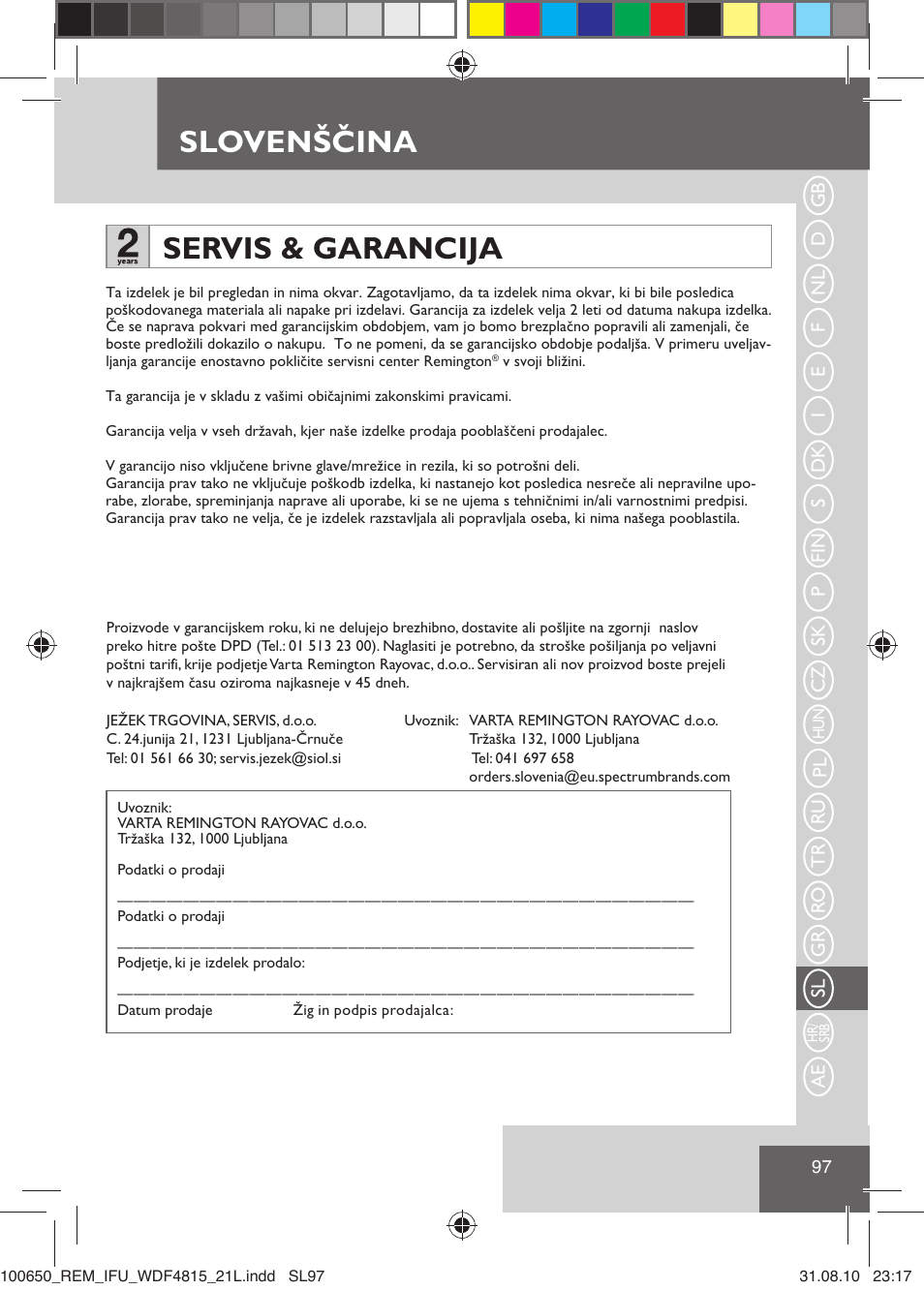 Slovenščina servis & garancija | Remington WDF4815C User Manual | Page 100 / 111