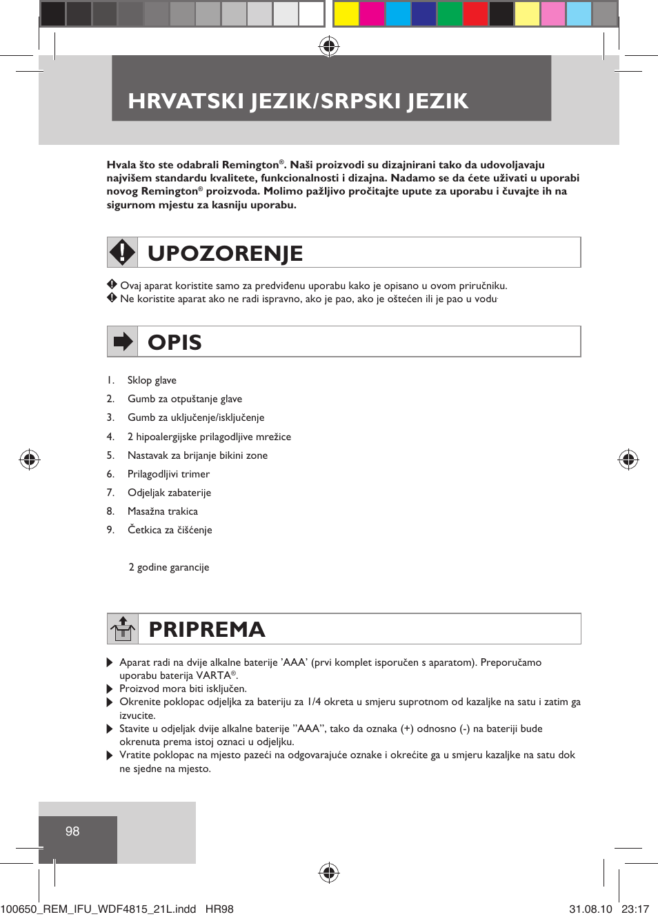 Hrvatski jezik/srpski jezik, Upozorenje, Opis | Priprema | Remington WDF4815C User Manual | Page 101 / 111