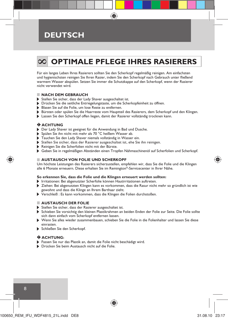 Deutsch, Optimale pflege ihres rasierers | Remington WDF4815C User Manual | Page 11 / 111