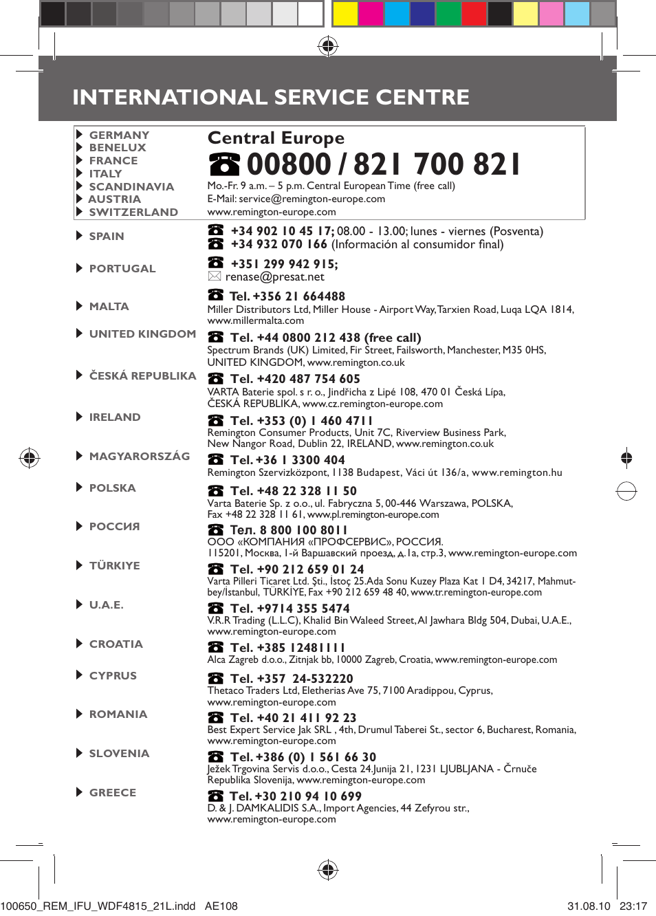 International service centre, Central europe | Remington WDF4815C User Manual | Page 111 / 111