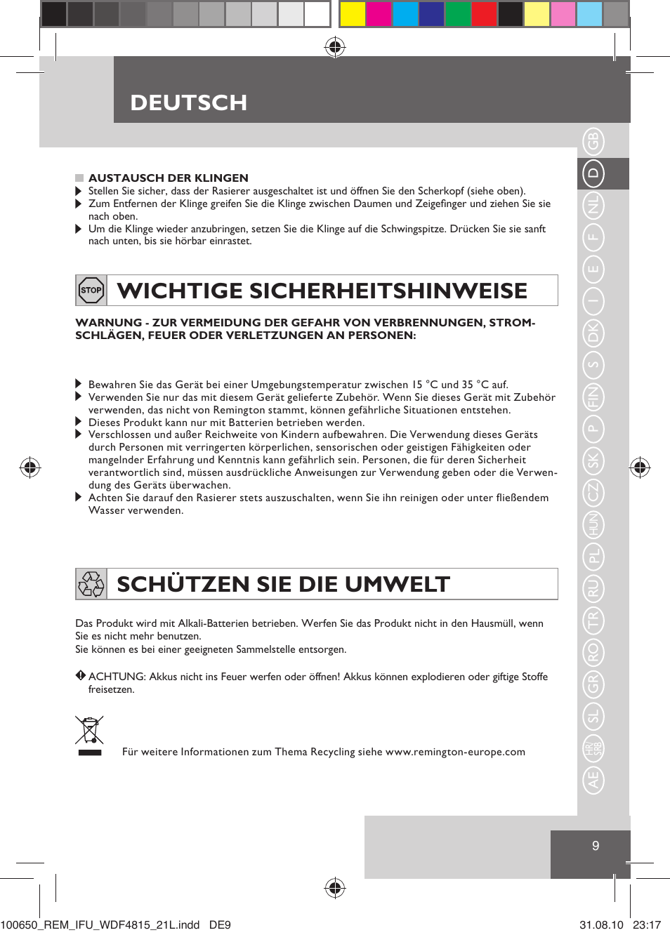 Deutsch, Wichtige sicherheitshinweise, Schützen sie die umwelt | Remington WDF4815C User Manual | Page 12 / 111