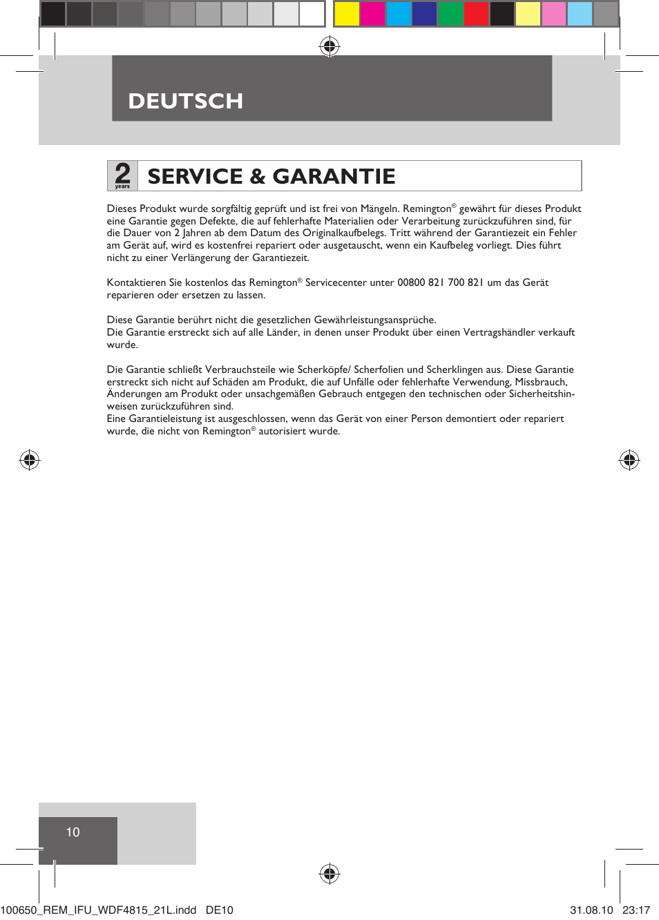 Deutsch, Service & garantie | Remington WDF4815C User Manual | Page 13 / 111