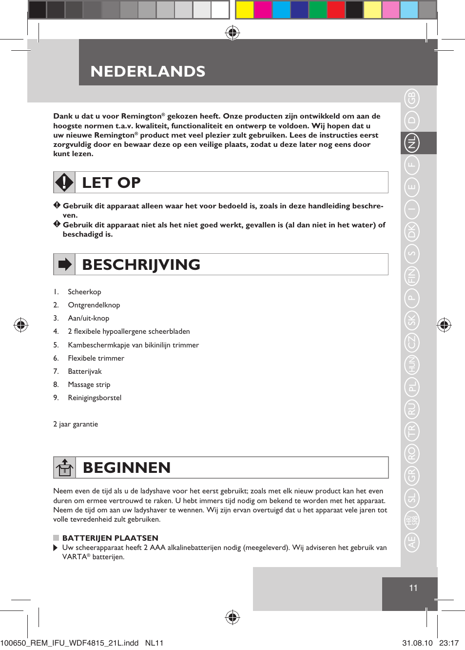 Nederlands, Let op, Beschrijving | Beginnen | Remington WDF4815C User Manual | Page 14 / 111