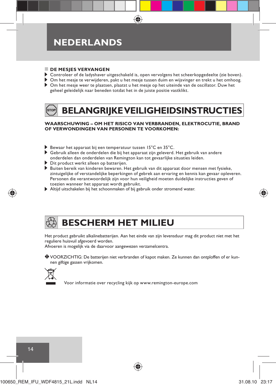 Nederlands, Belangrijke veiligheidsinstructies, Bescherm het milieu | Remington WDF4815C User Manual | Page 17 / 111