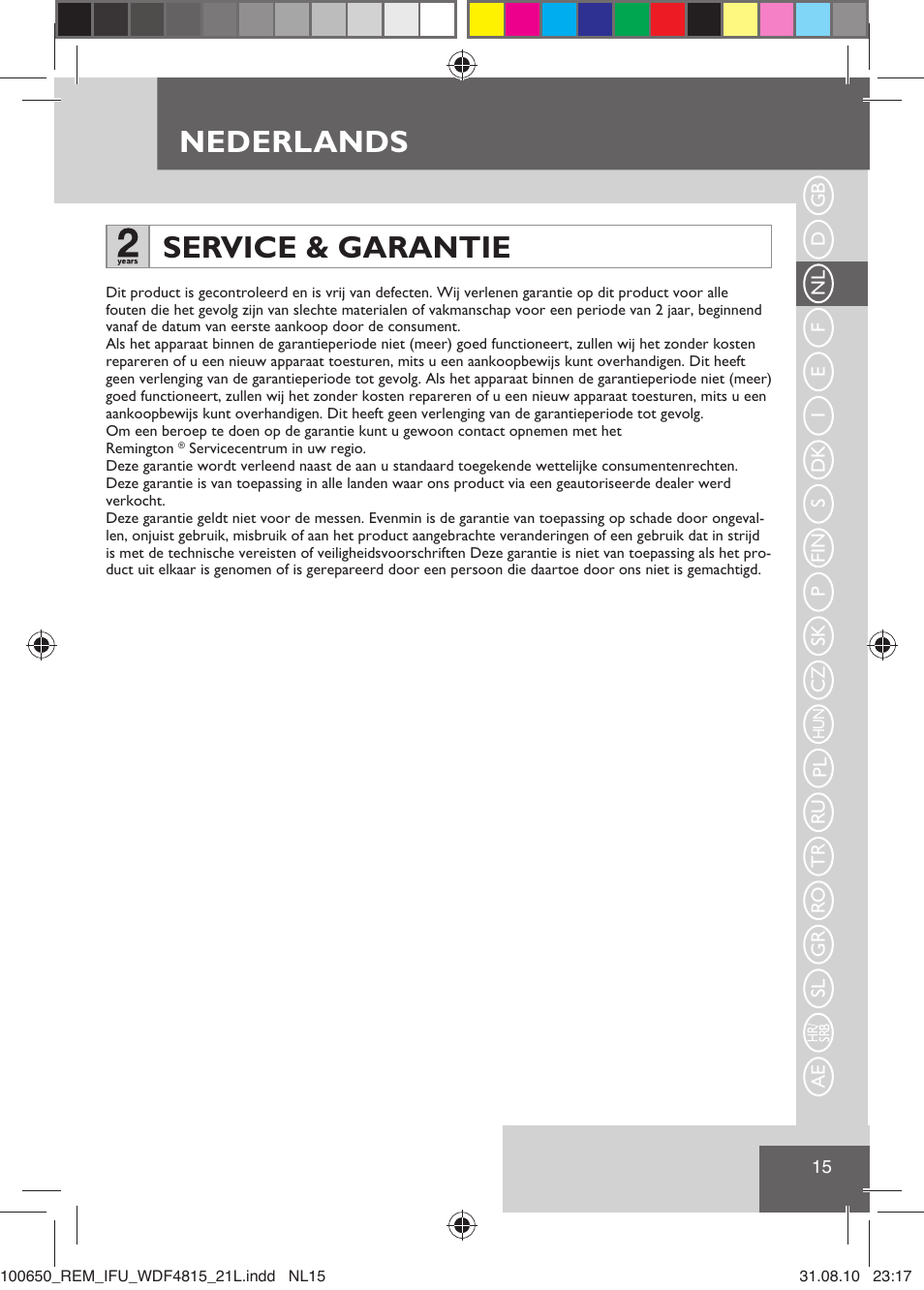 Nederlands, Service & garantie | Remington WDF4815C User Manual | Page 18 / 111