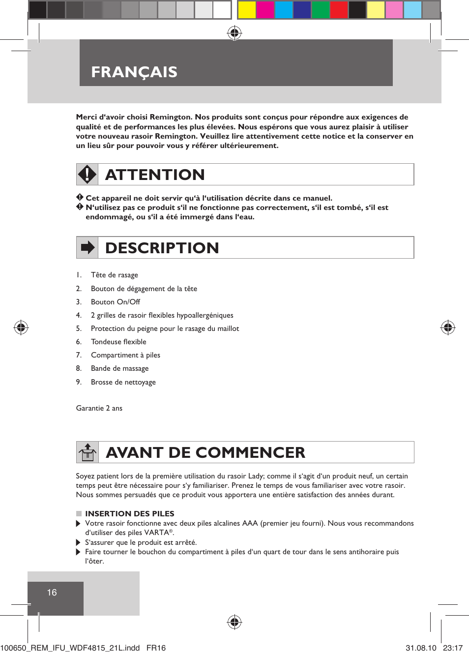 Français, Attention, Description | Avant de commencer | Remington WDF4815C User Manual | Page 19 / 111