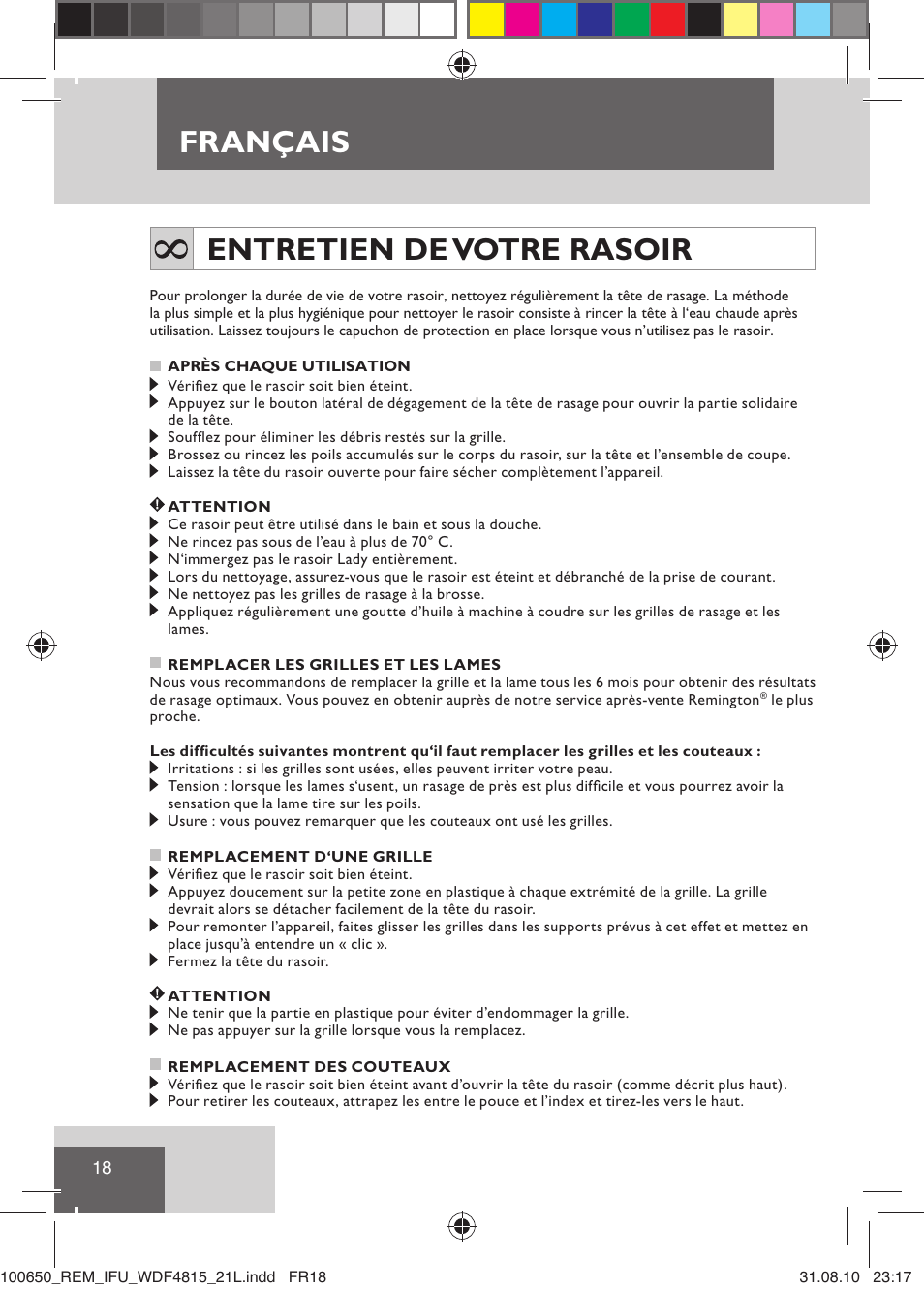 Français, Entretien de votre rasoir | Remington WDF4815C User Manual | Page 21 / 111