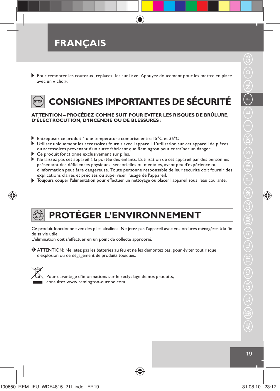 Français, Consignes importantes de sécurité, Protéger l’environnement | Remington WDF4815C User Manual | Page 22 / 111