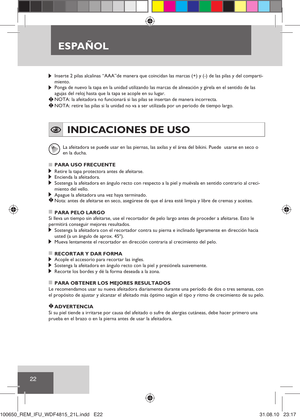Español, Indicaciones de uso | Remington WDF4815C User Manual | Page 25 / 111