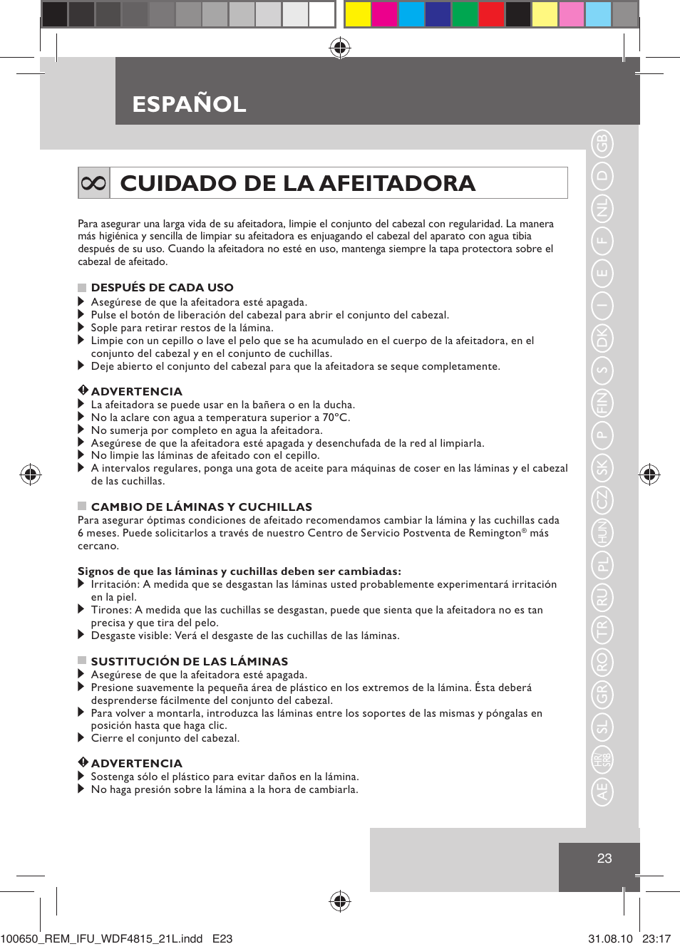 Español, Cuidado de la afeitadora | Remington WDF4815C User Manual | Page 26 / 111