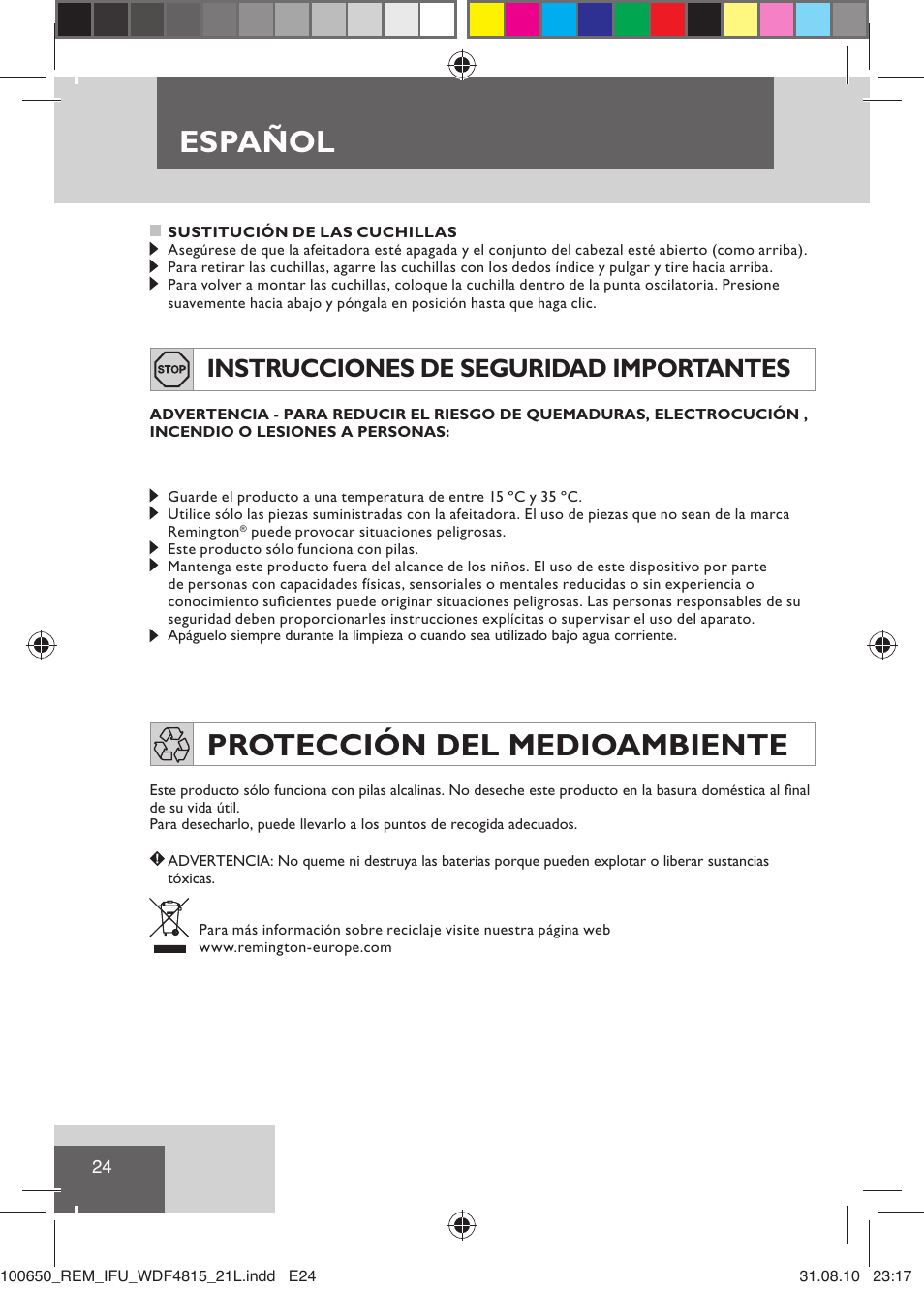 Español, Protección del medioambiente, Instrucciones de seguridad importantes | Remington WDF4815C User Manual | Page 27 / 111
