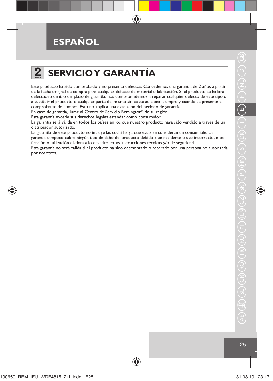 Español, Servicio y garantía | Remington WDF4815C User Manual | Page 28 / 111