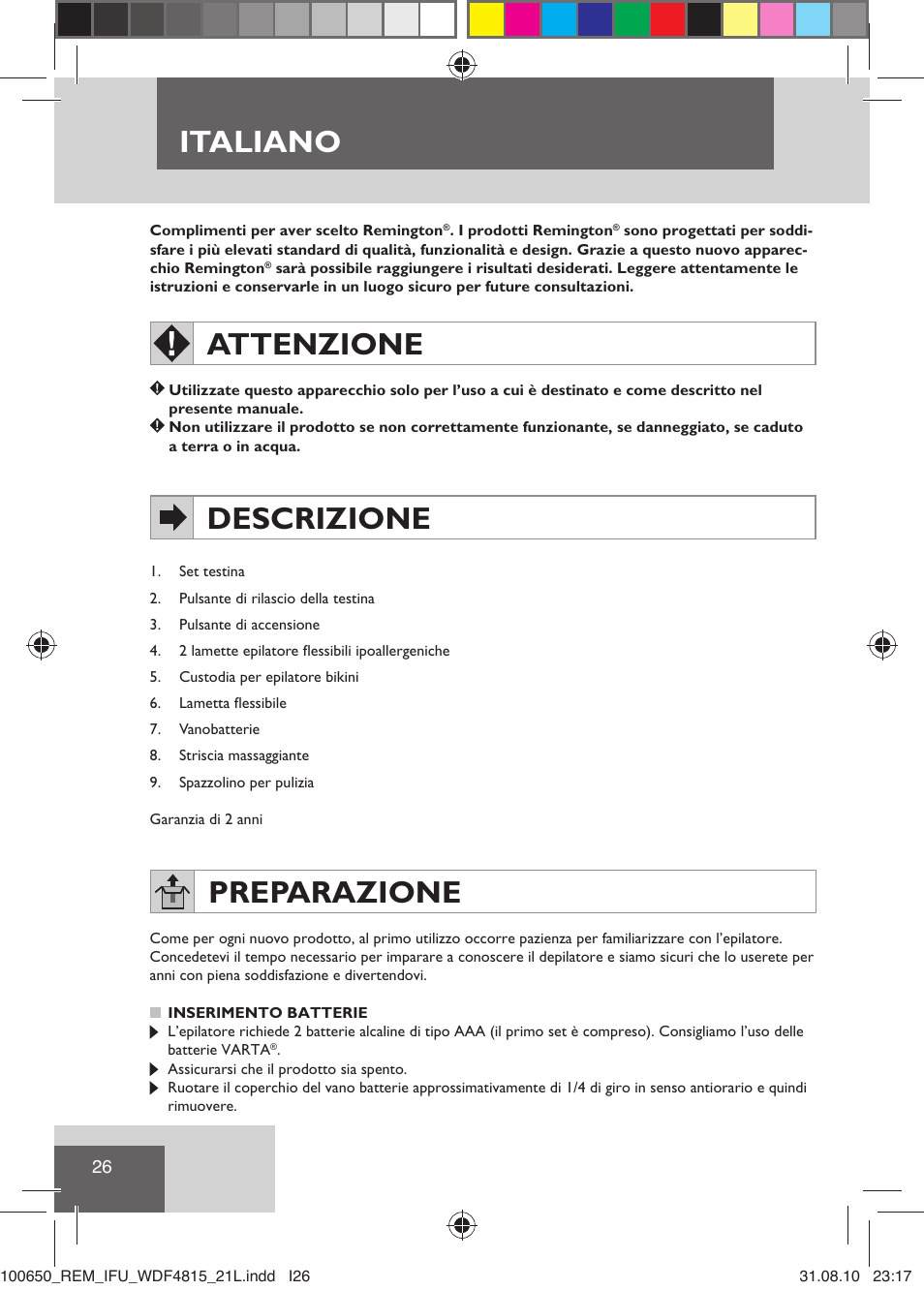 Italiano, Attenzione, Descrizione | Preparazione | Remington WDF4815C User Manual | Page 29 / 111