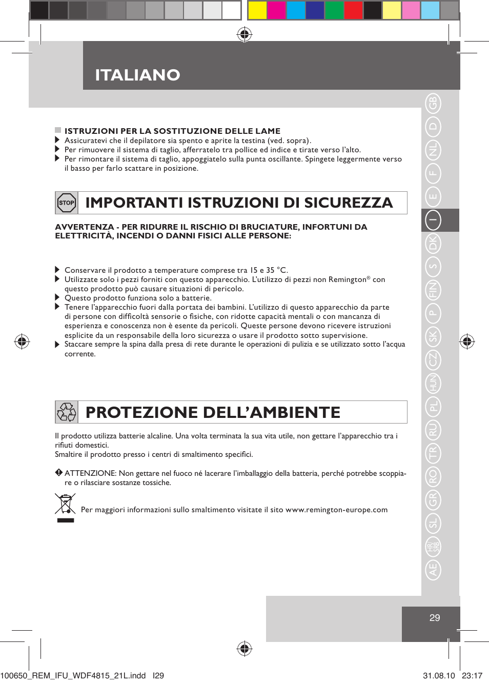 Italiano, Protezione dell’ambiente, Importanti istruzioni di sicurezza | Remington WDF4815C User Manual | Page 32 / 111
