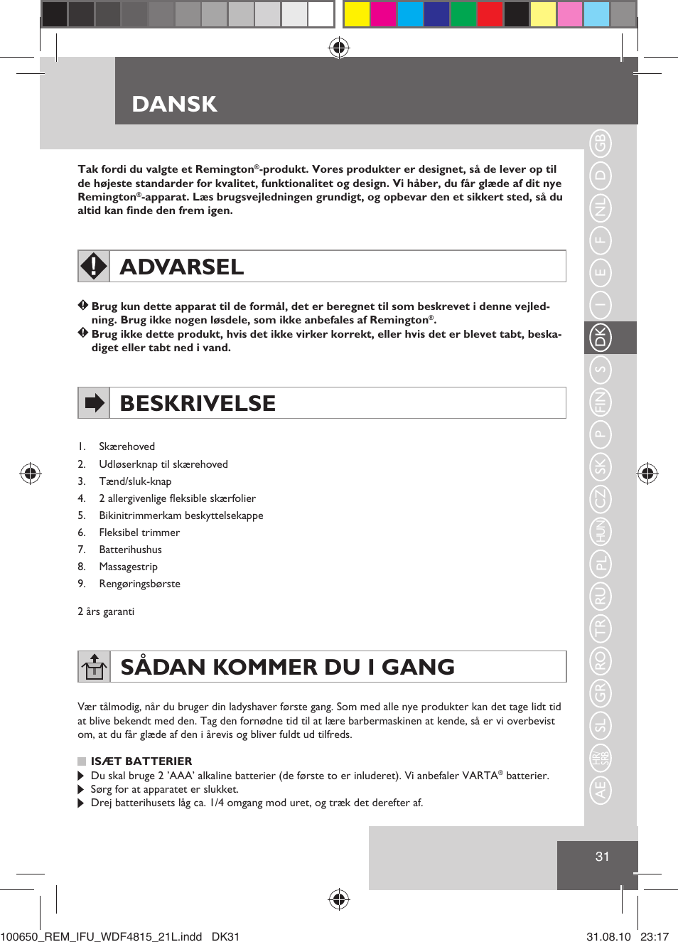 Dansk, Advarsel, Beskrivelse | Sådan kommer du i gang | Remington WDF4815C User Manual | Page 34 / 111