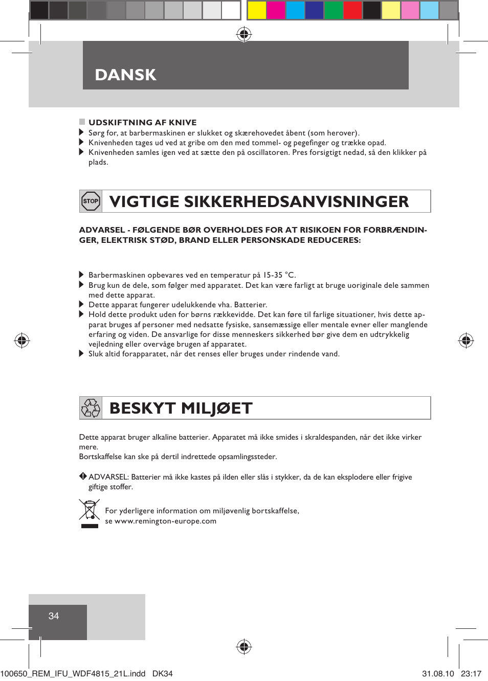 Dansk, Vigtige sikkerhedsanvisninger, Beskyt miljøet | Remington WDF4815C User Manual | Page 37 / 111