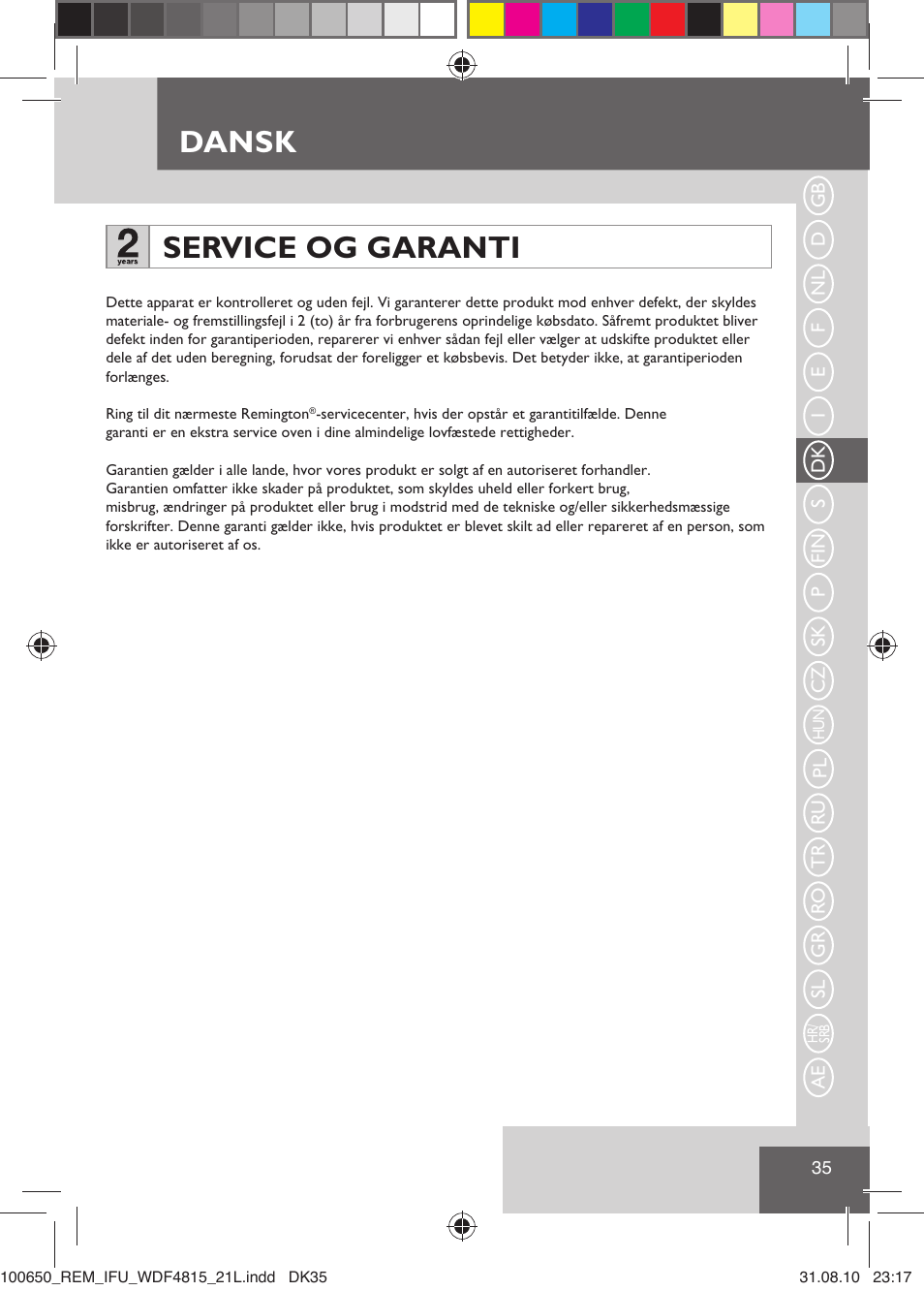 Dansk, Service og garanti | Remington WDF4815C User Manual | Page 38 / 111