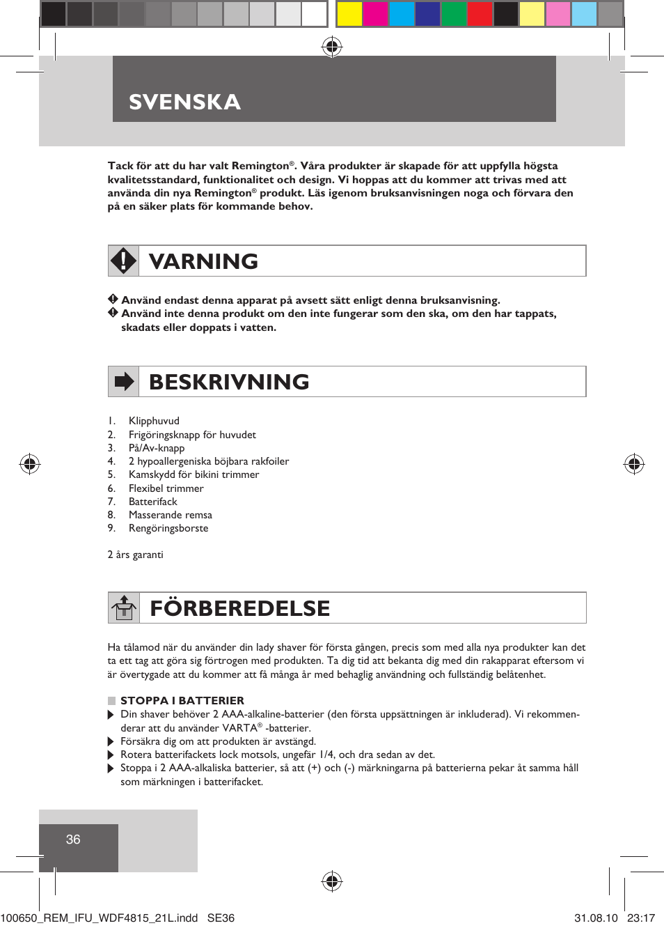 Svenska, Varning, Beskrivning | Förberedelse | Remington WDF4815C User Manual | Page 39 / 111