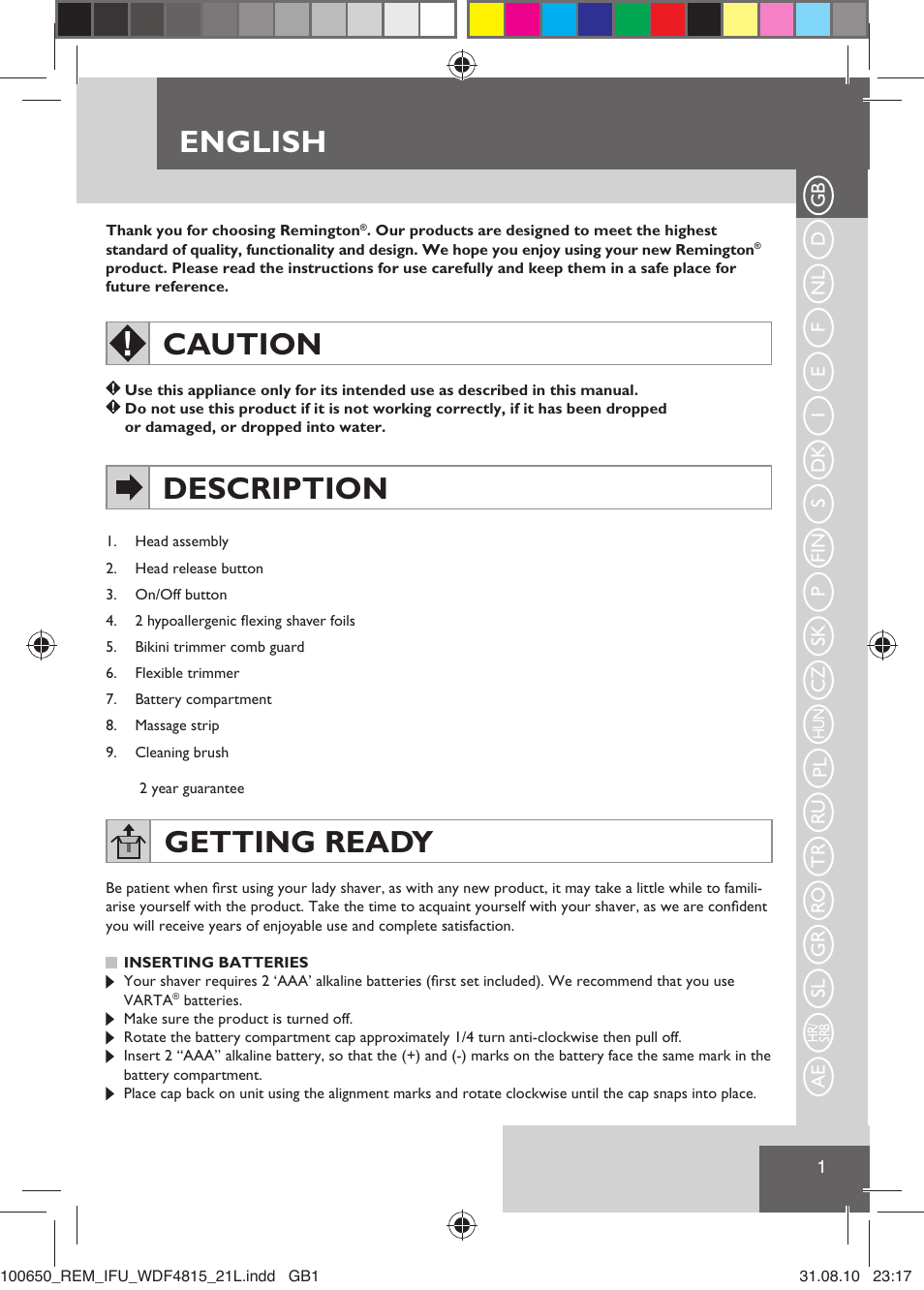 English, Caution, Description | Getting ready | Remington WDF4815C User Manual | Page 4 / 111