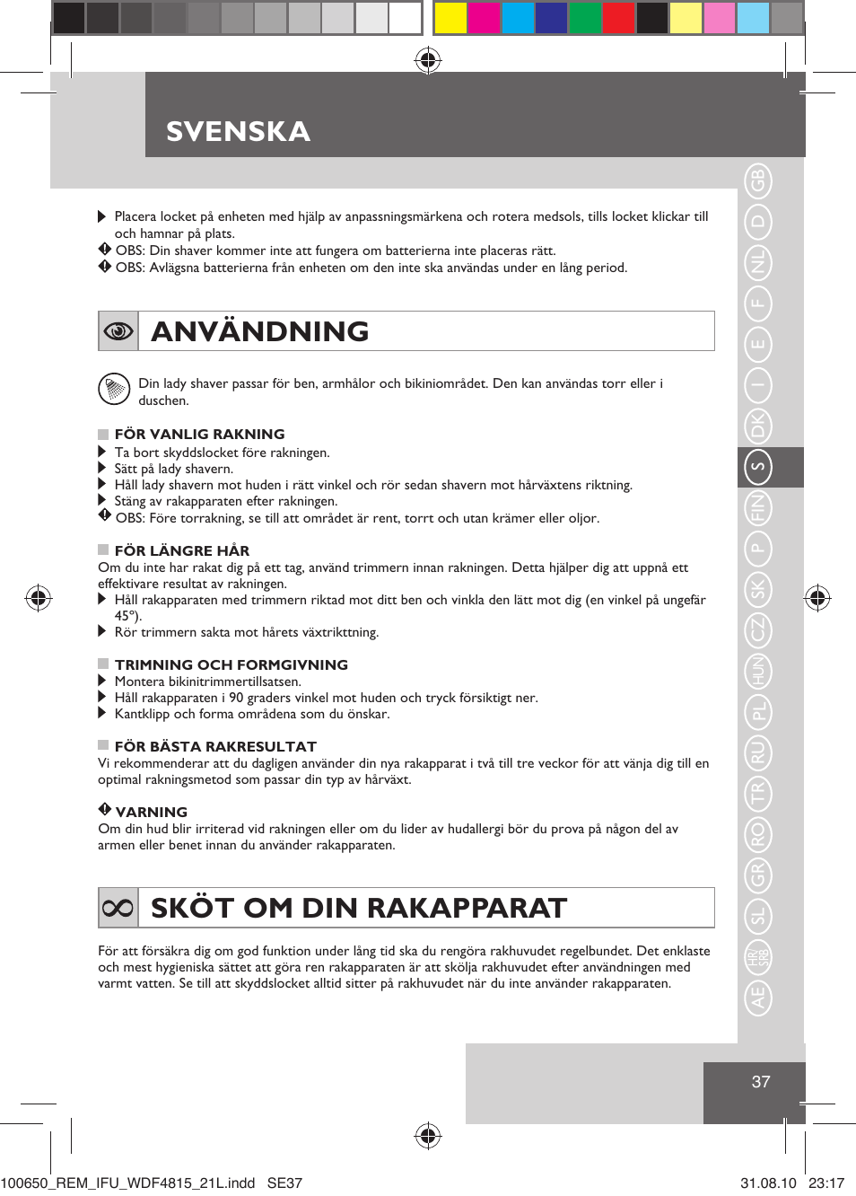 Svenska, Användning, Sköt om din rakapparat | Remington WDF4815C User Manual | Page 40 / 111