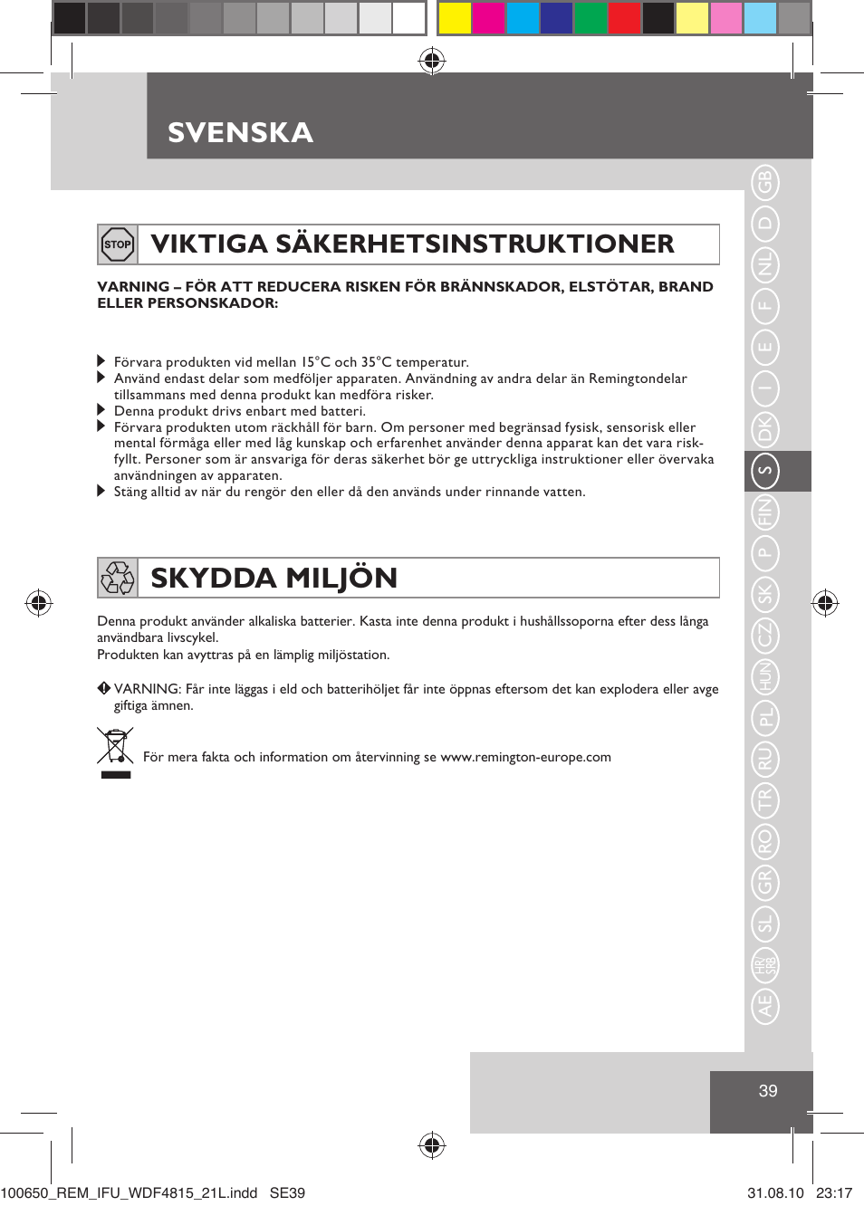 Svenska, Skydda miljön, Viktiga säkerhetsinstruktioner | Remington WDF4815C User Manual | Page 42 / 111