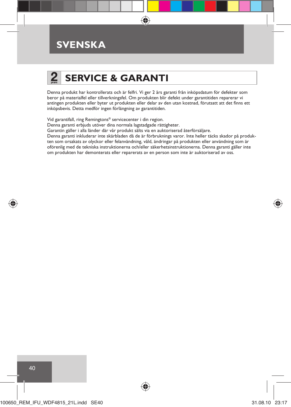 Svenska, Service & garanti | Remington WDF4815C User Manual | Page 43 / 111