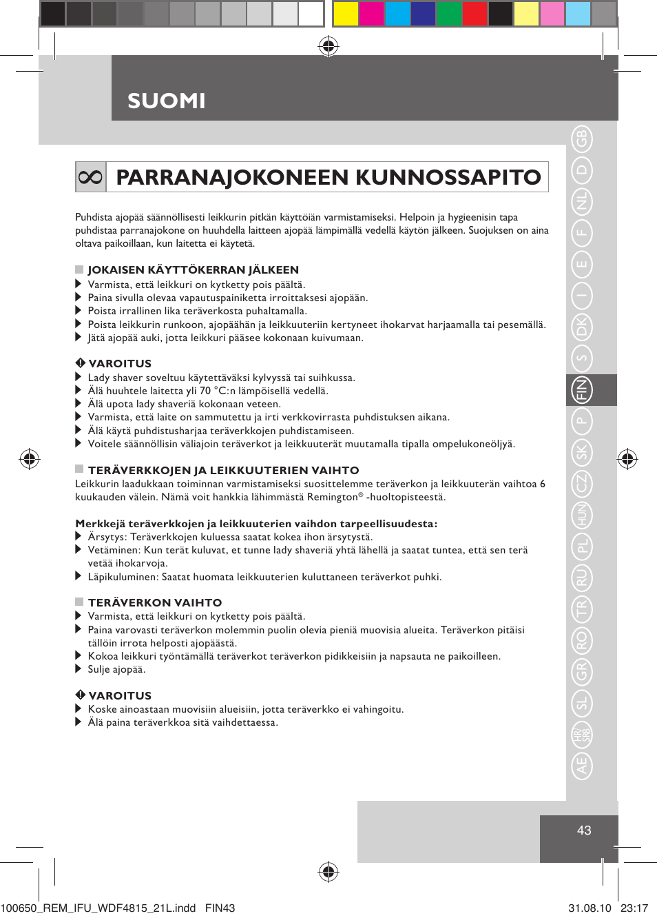 Suomi, Parranajokoneen kunnossapito | Remington WDF4815C User Manual | Page 46 / 111