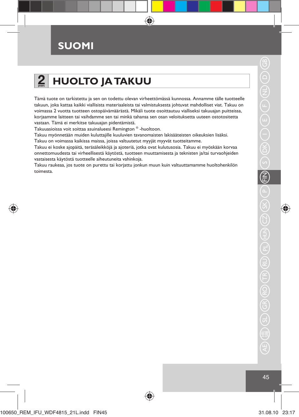 Suomi, Huolto ja takuu | Remington WDF4815C User Manual | Page 48 / 111