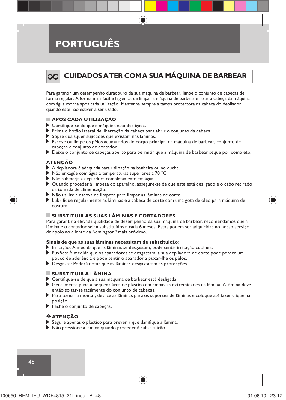 Português, Cuidados a ter com a sua máquina de barbear | Remington WDF4815C User Manual | Page 51 / 111
