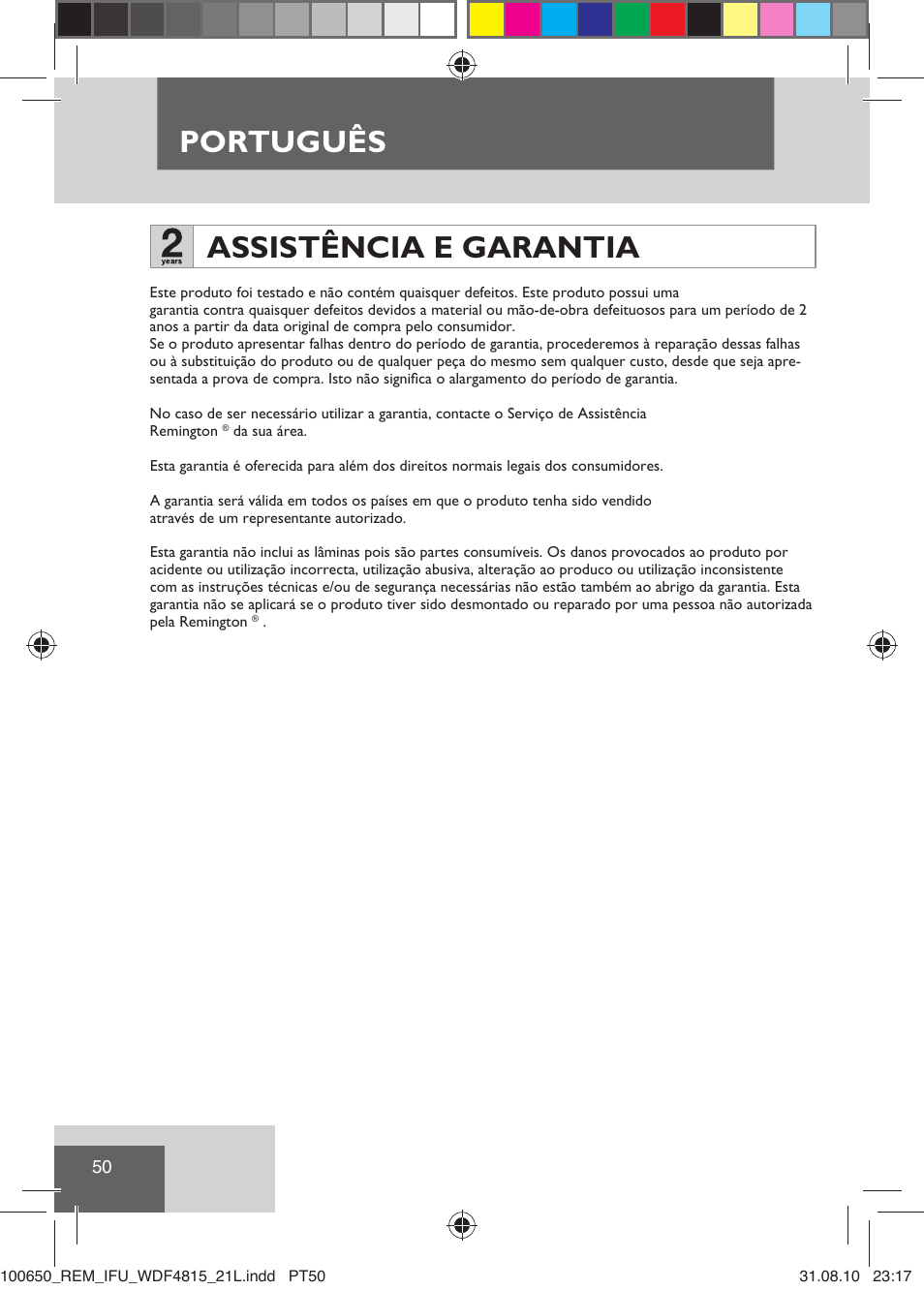 Português, Assistência e garantia | Remington WDF4815C User Manual | Page 53 / 111