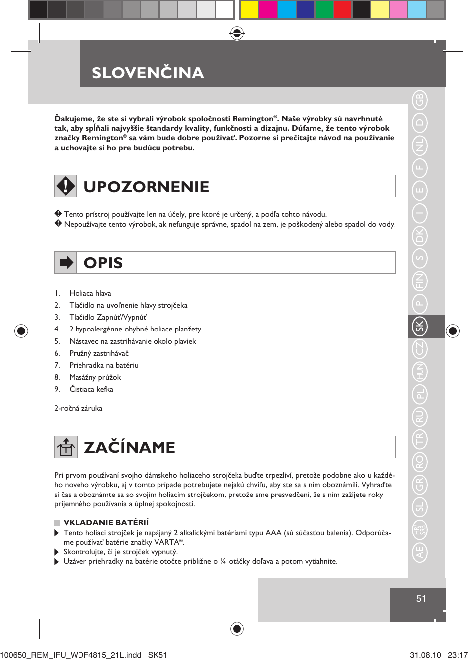 Slovenčina, Upozornenie, Opis | Začíname | Remington WDF4815C User Manual | Page 54 / 111