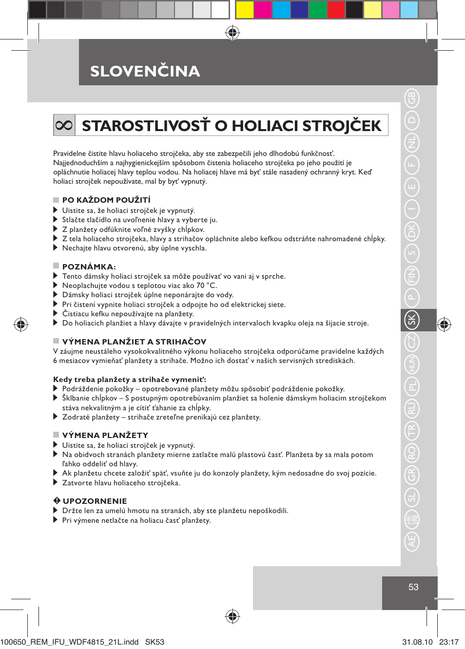 Slovenčina, Starostlivosť o holiaci strojček | Remington WDF4815C User Manual | Page 56 / 111