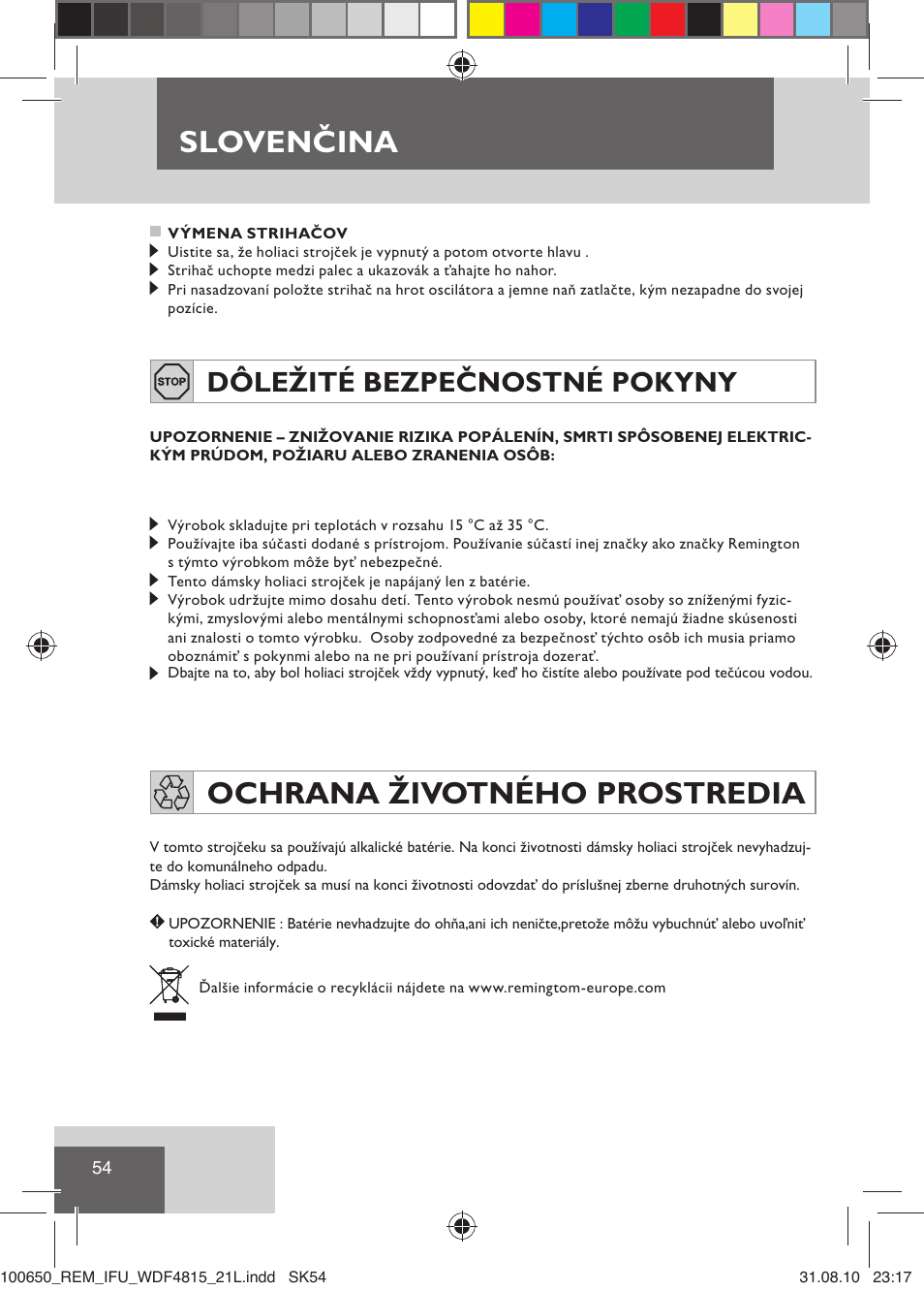 Slovenčina, Ochrana životného prostredia, Dôležité bezpečnostné pokyny | Remington WDF4815C User Manual | Page 57 / 111