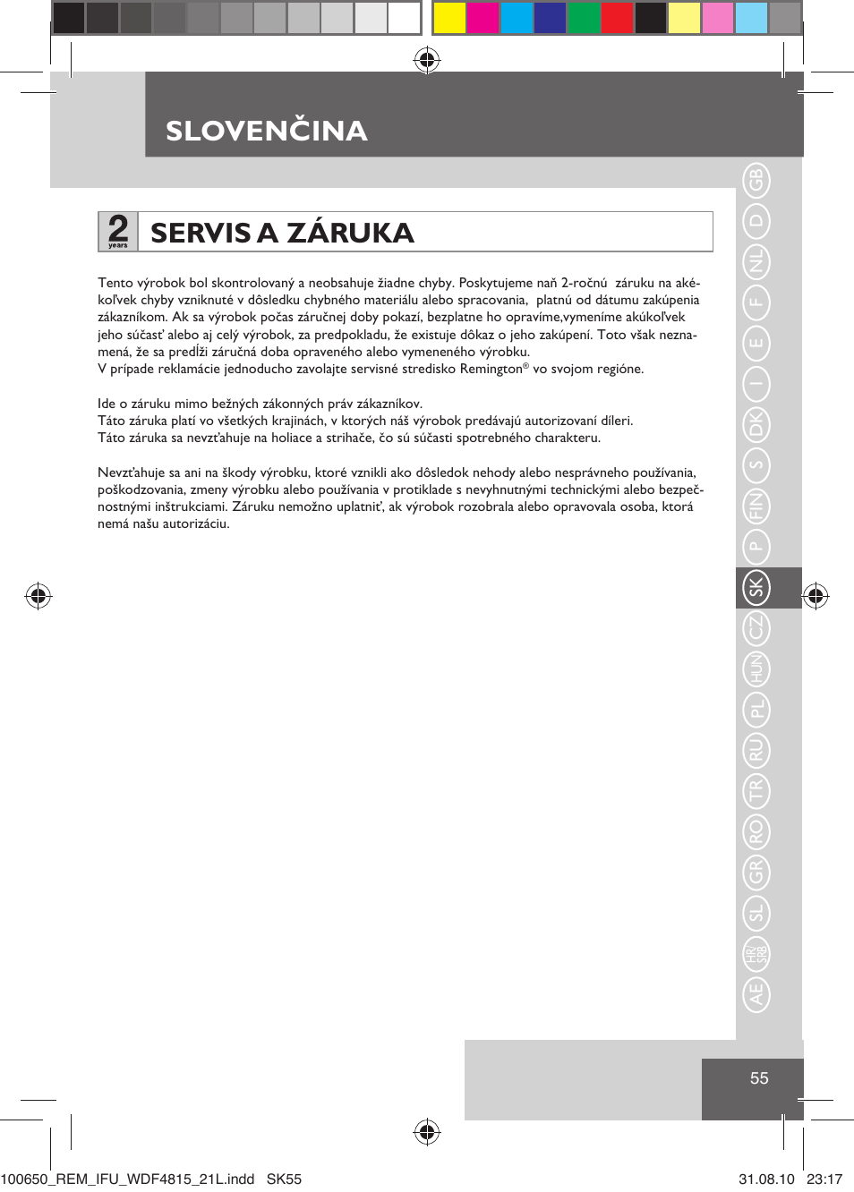 Slovenčina, Servis a záruka | Remington WDF4815C User Manual | Page 58 / 111