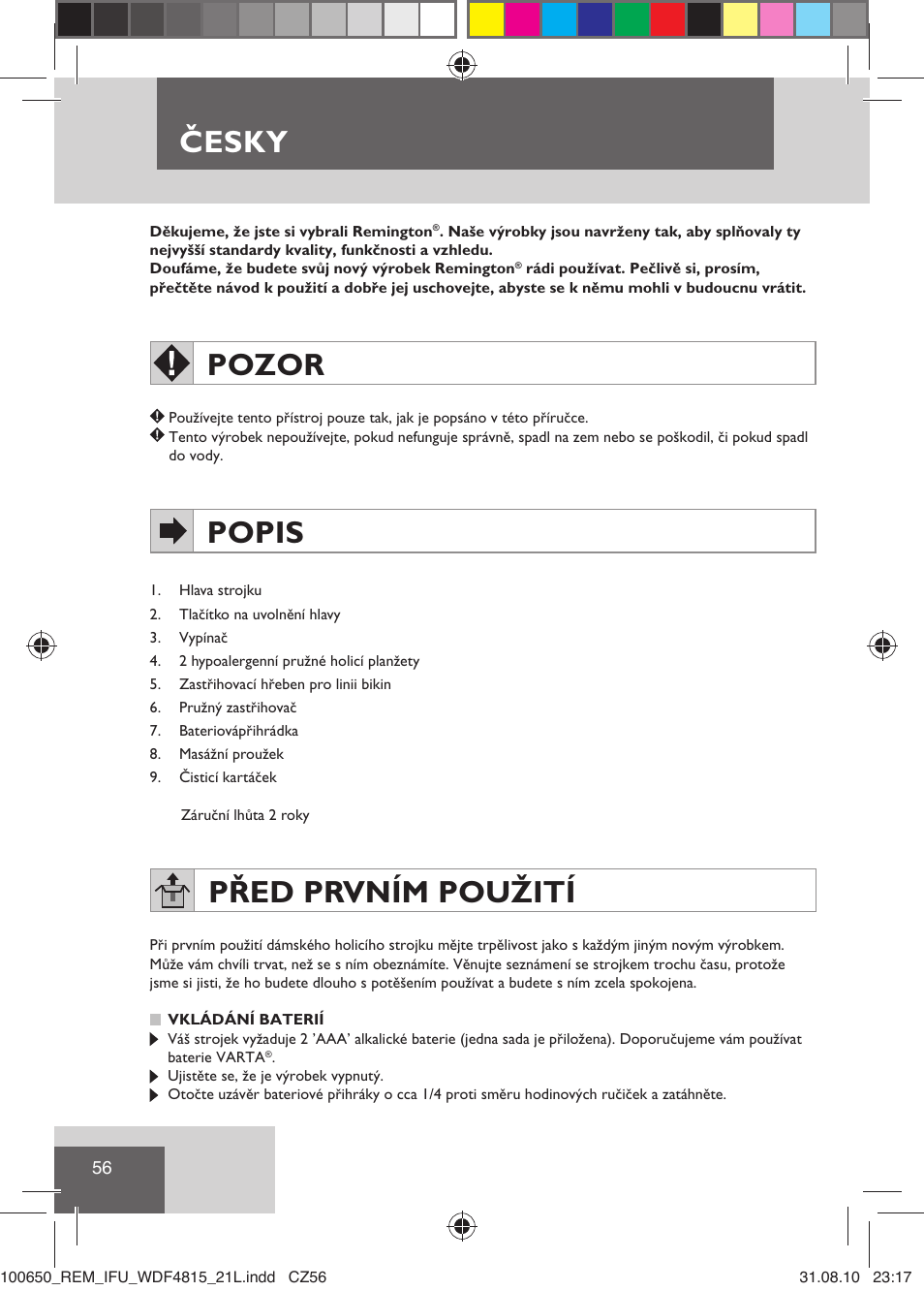 Česky, Pozor, Popis | Před prvním použití | Remington WDF4815C User Manual | Page 59 / 111