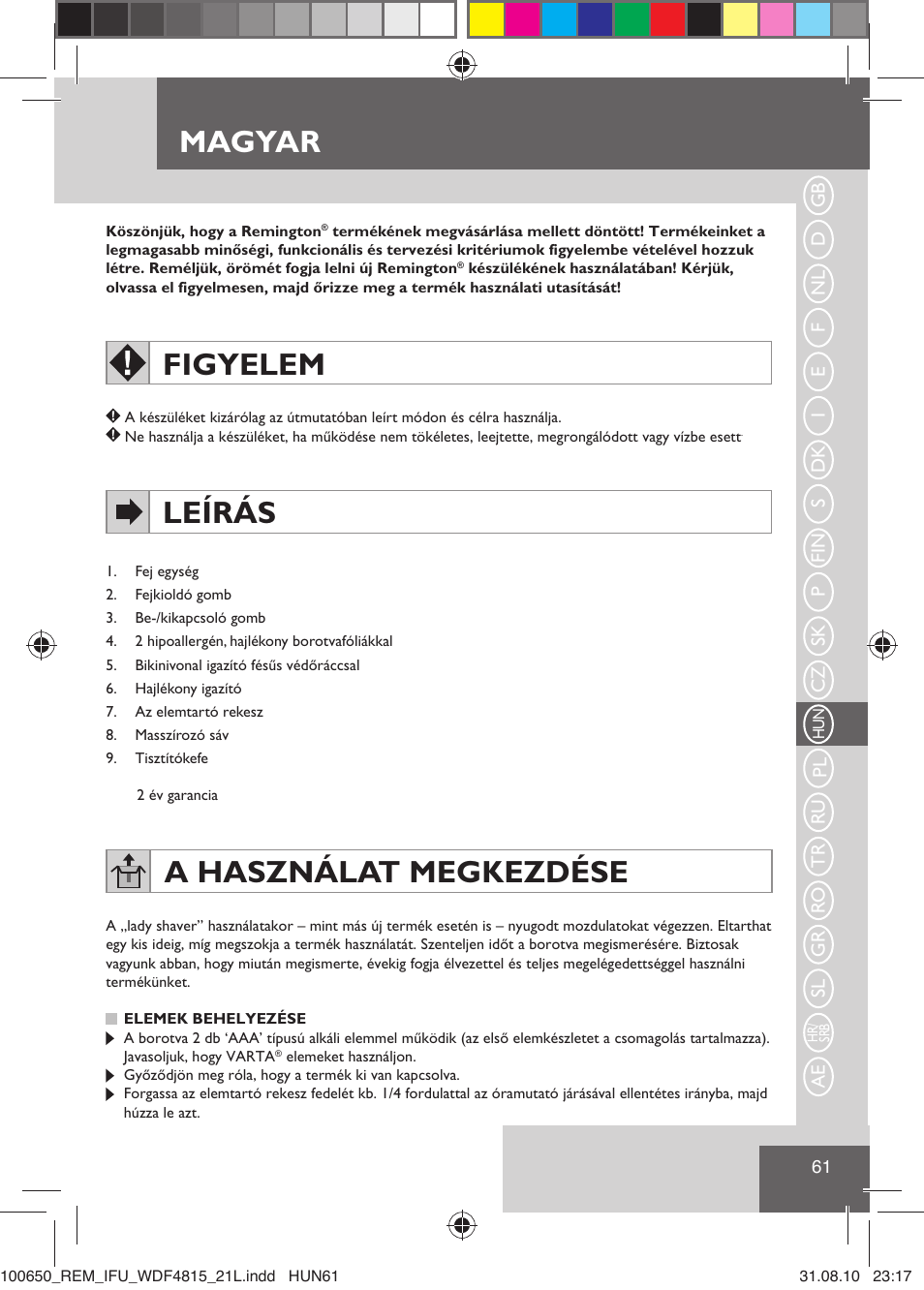 Magyar, Figyelem, Leírás | A használat megkezdése | Remington WDF4815C User Manual | Page 64 / 111