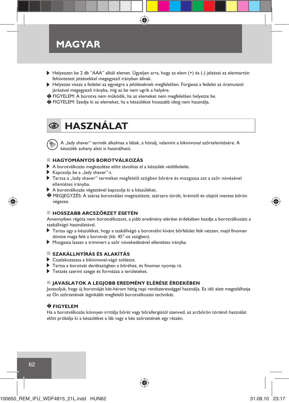 Magyar, Használat | Remington WDF4815C User Manual | Page 65 / 111