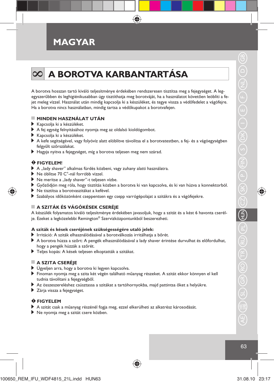 Magyar a borotva karbantartása | Remington WDF4815C User Manual | Page 66 / 111
