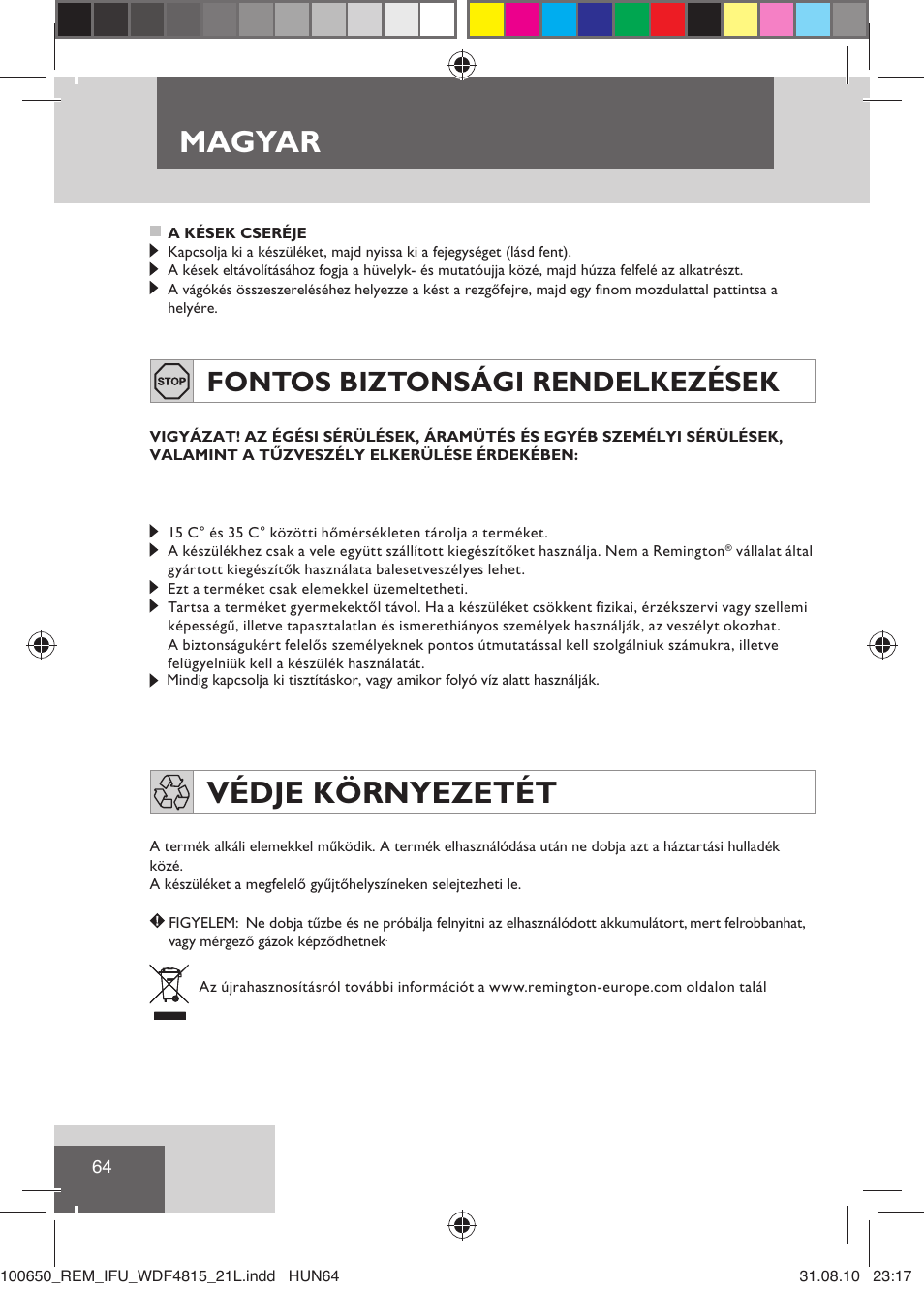 Magyar, Védje környezetét, Fontos biztonsági rendelkezések | Remington WDF4815C User Manual | Page 67 / 111
